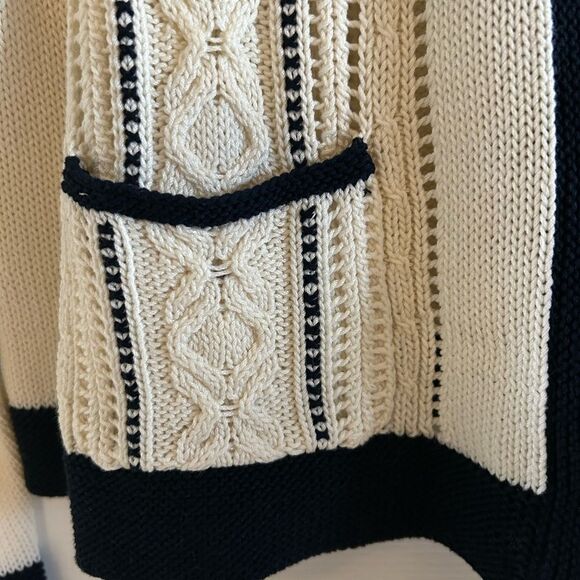 Talbots Cable Knit Cream & Black Cotton  Button Down Cardigan Sweater Large - Picture 7 of 9